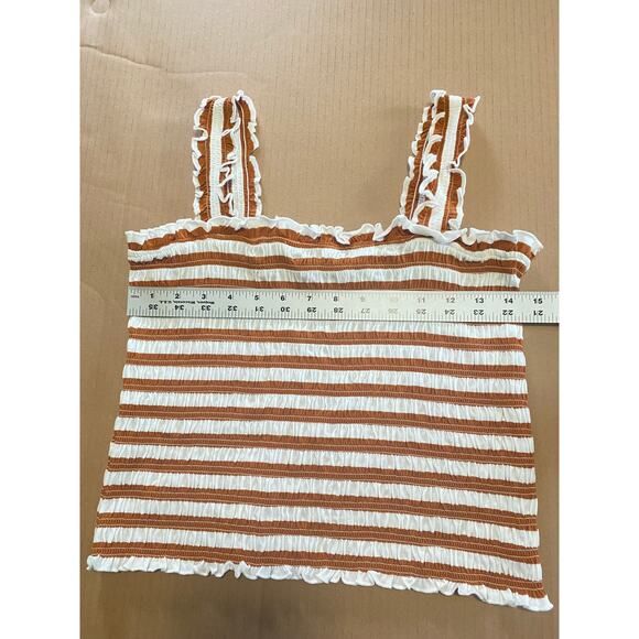 VERONICA BEARD TOP BROWN TAN WHITE RUCHED SMOCKED CROP STRIPED CAFE NEUTRAL - Picture 14 of 14